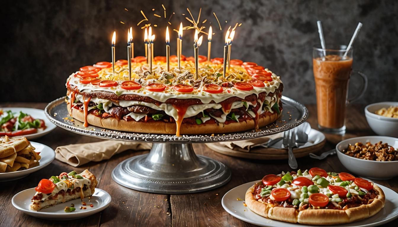 Absurd Food Cake on Silver Platter