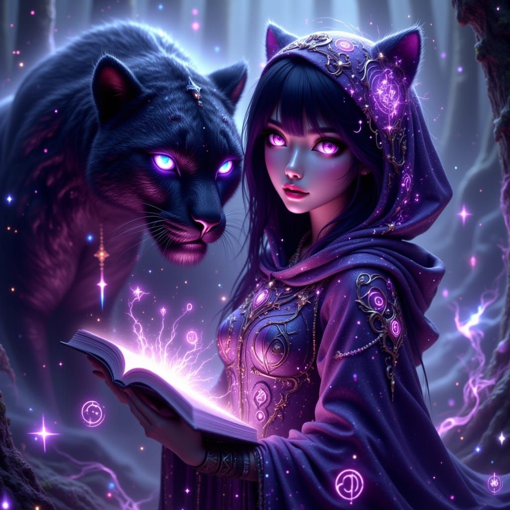 Ethereal Anime Scene: Woman and Panther in Magical Forest