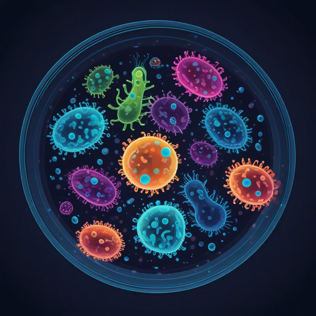 Cute Microbe in Petri Dish, Bioluminescent Digital Art