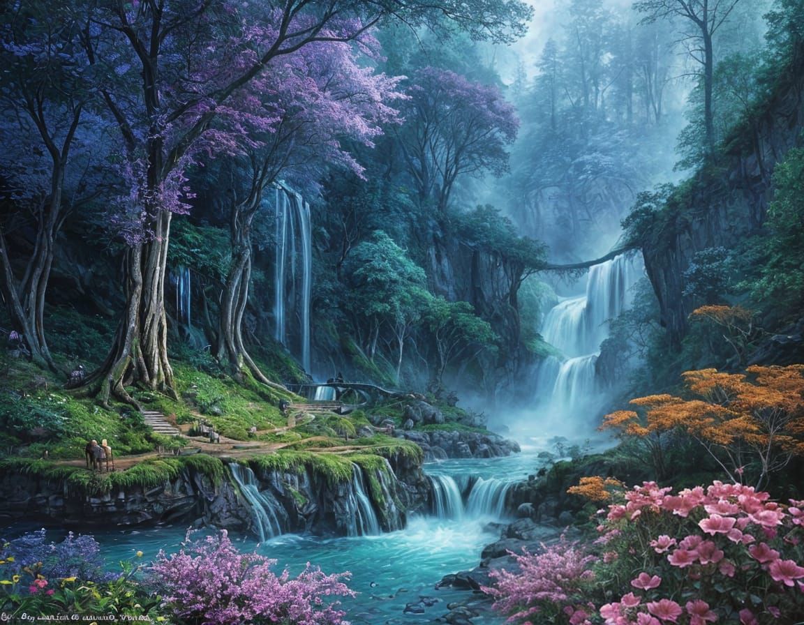 Fantastical Watercolor Landscape with Cascading Waterfalls a...