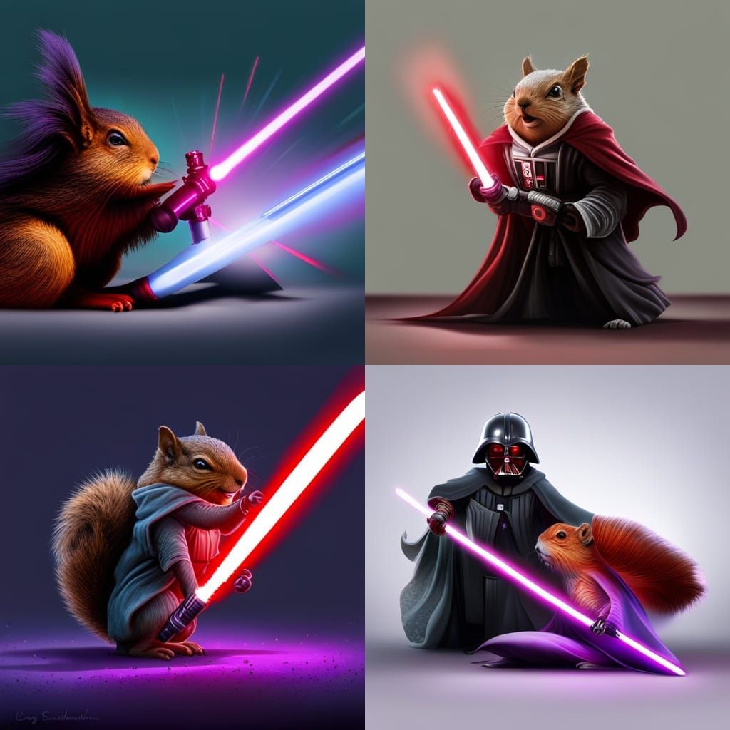 Jedi Squirrel vs Darth Vader Squirrel in Dark Fantasy