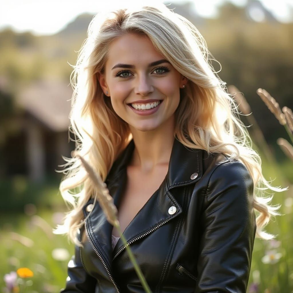 Happy Blond Woman in Leather and Lace in Meadow
