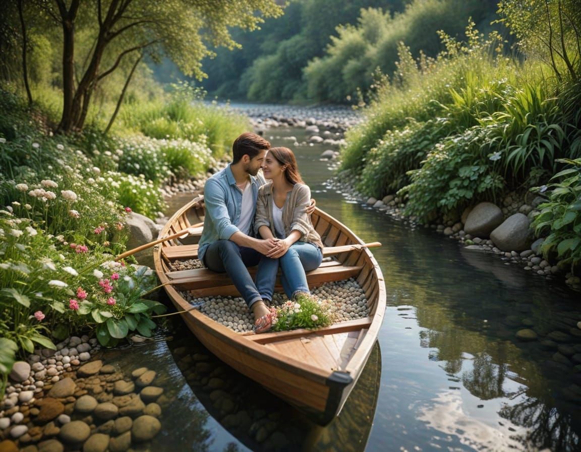 Romantic Couple in Rowboat on Clear River