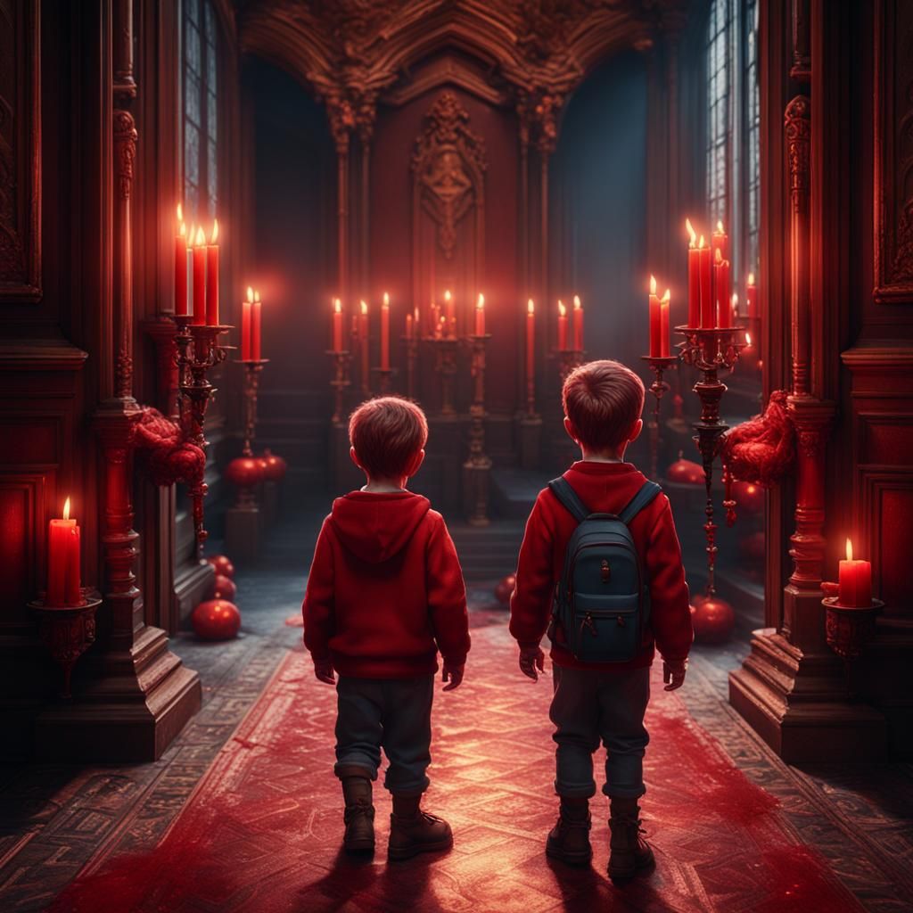 Children in Candlelit Manor Hallway, Matte Painting