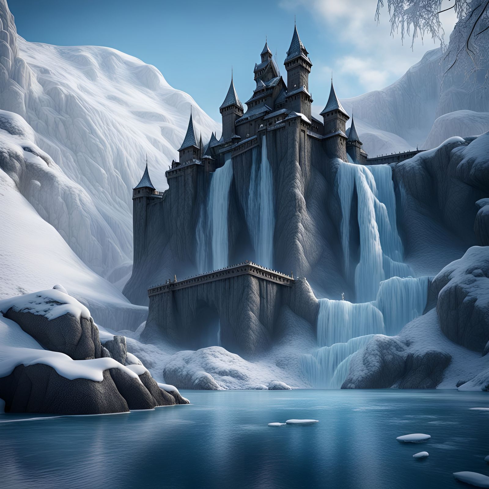 Frozen Fjord Waterfall with Snowy Castle