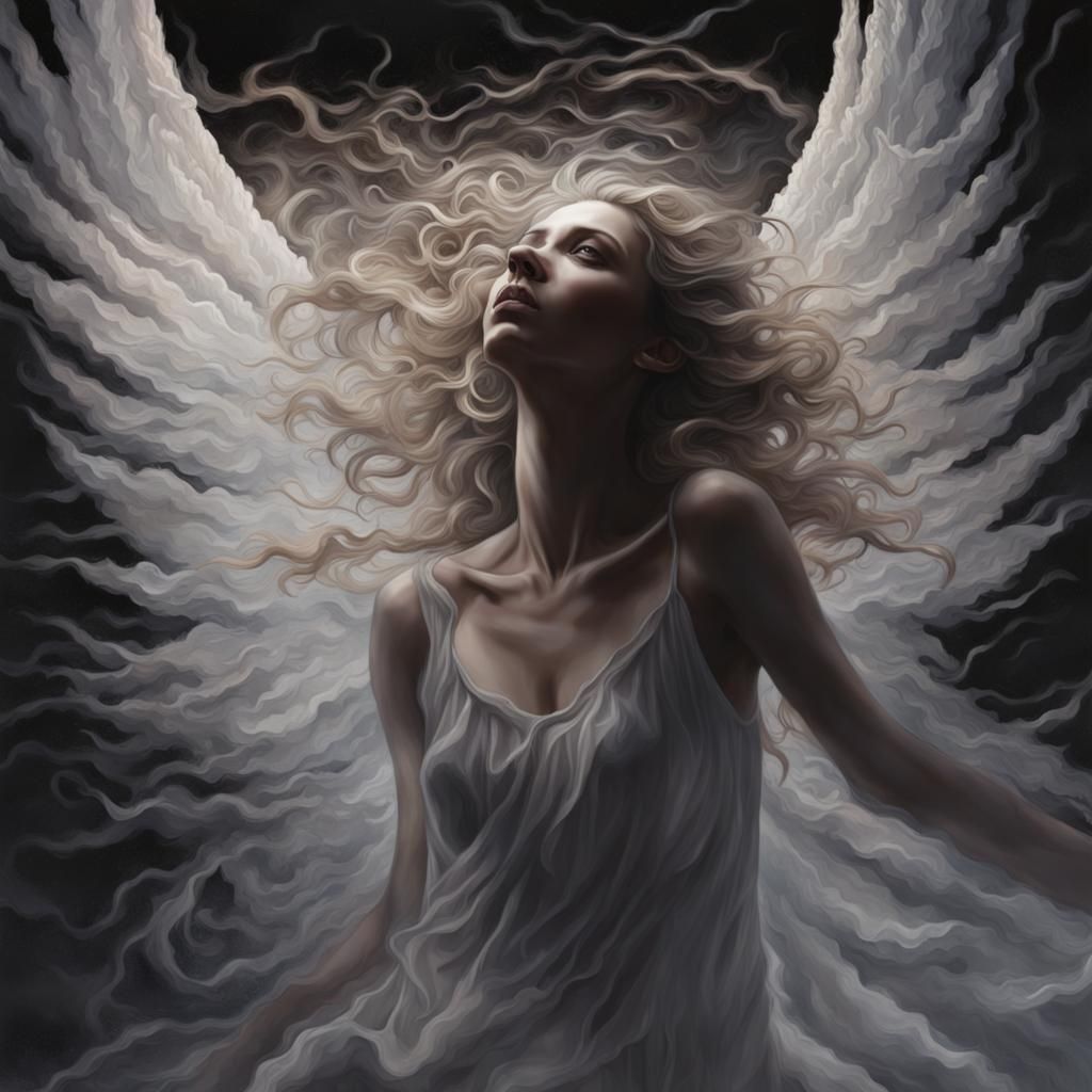 Woman Ascending with Angel Wings, Acrylic Art