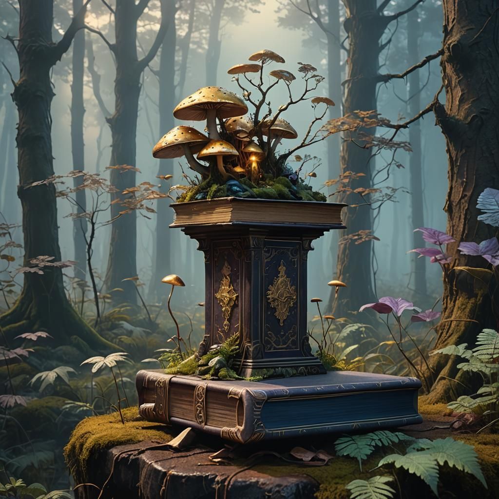 Mysterious Book on Pedestal in Misty Forest