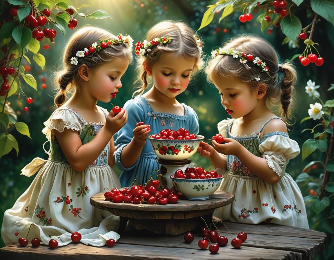 Children Enjoying Cherries, Intricate Garden Scene