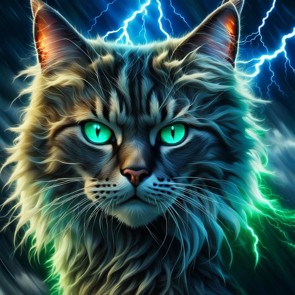 Majestic Stormy Cat Amidst Lightning in Digital Art
