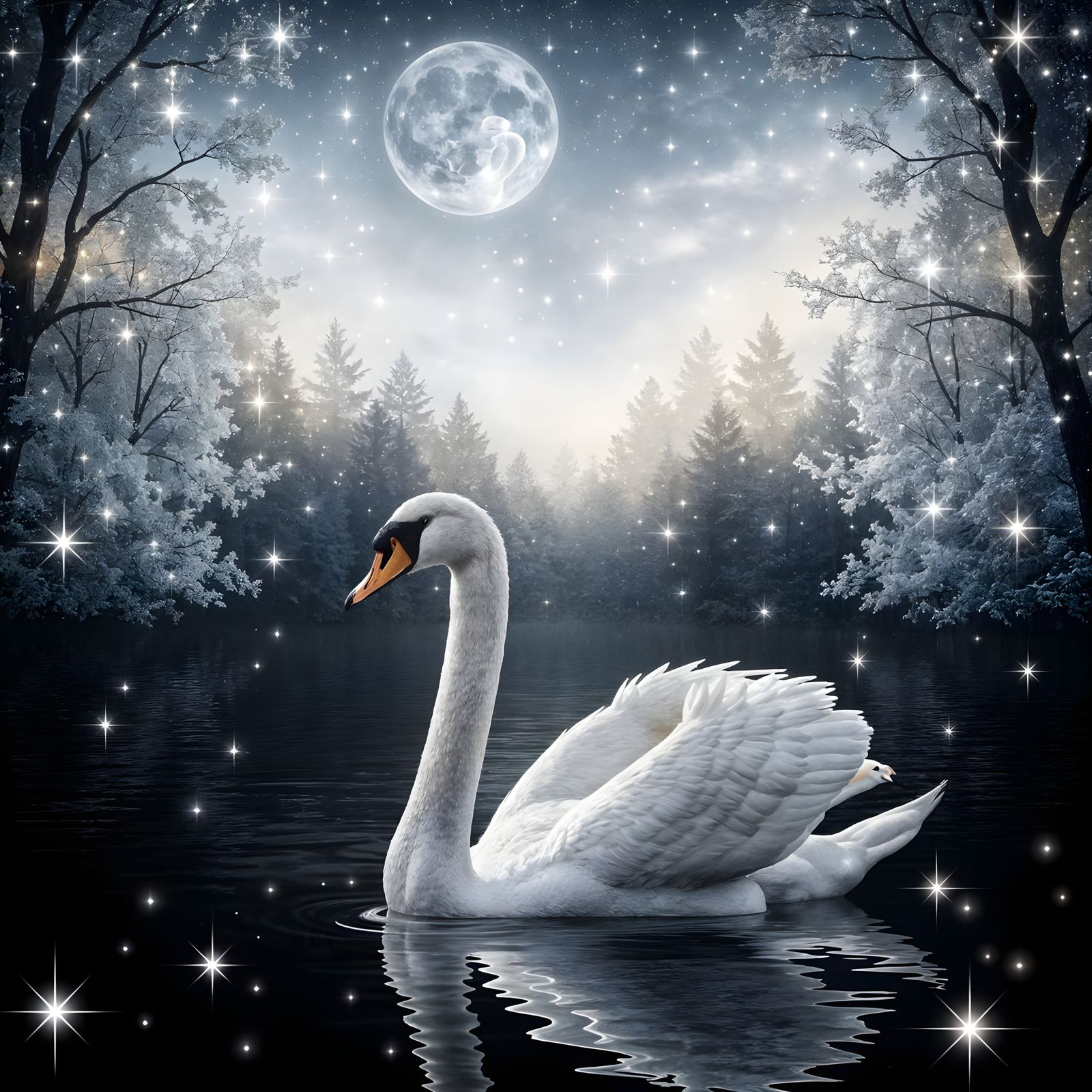 Elegant Swan on Obsidian Lake Under Starry Forest Sky