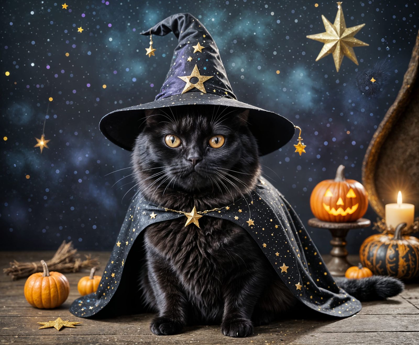 Fat Black Cat in Witch Hat and Star Cape