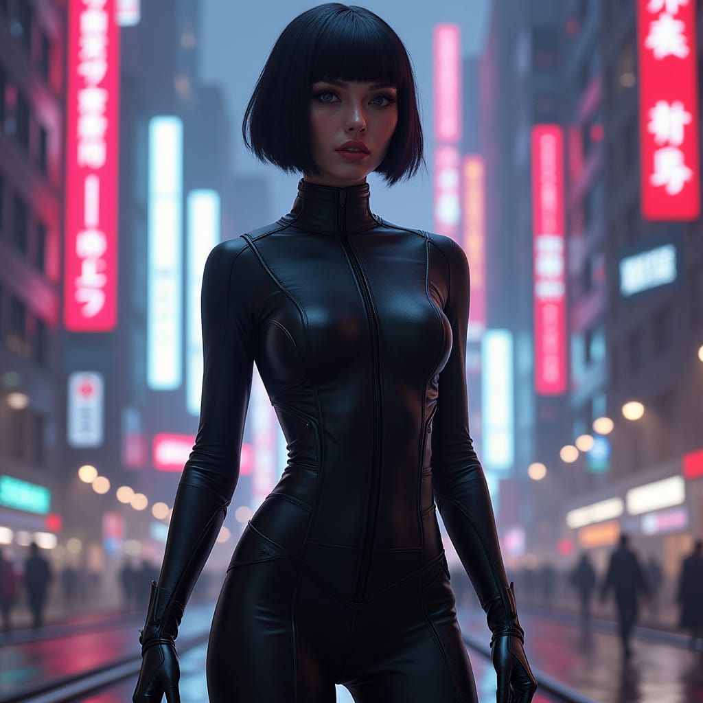 Futuristic Woman in Neon Cityscape