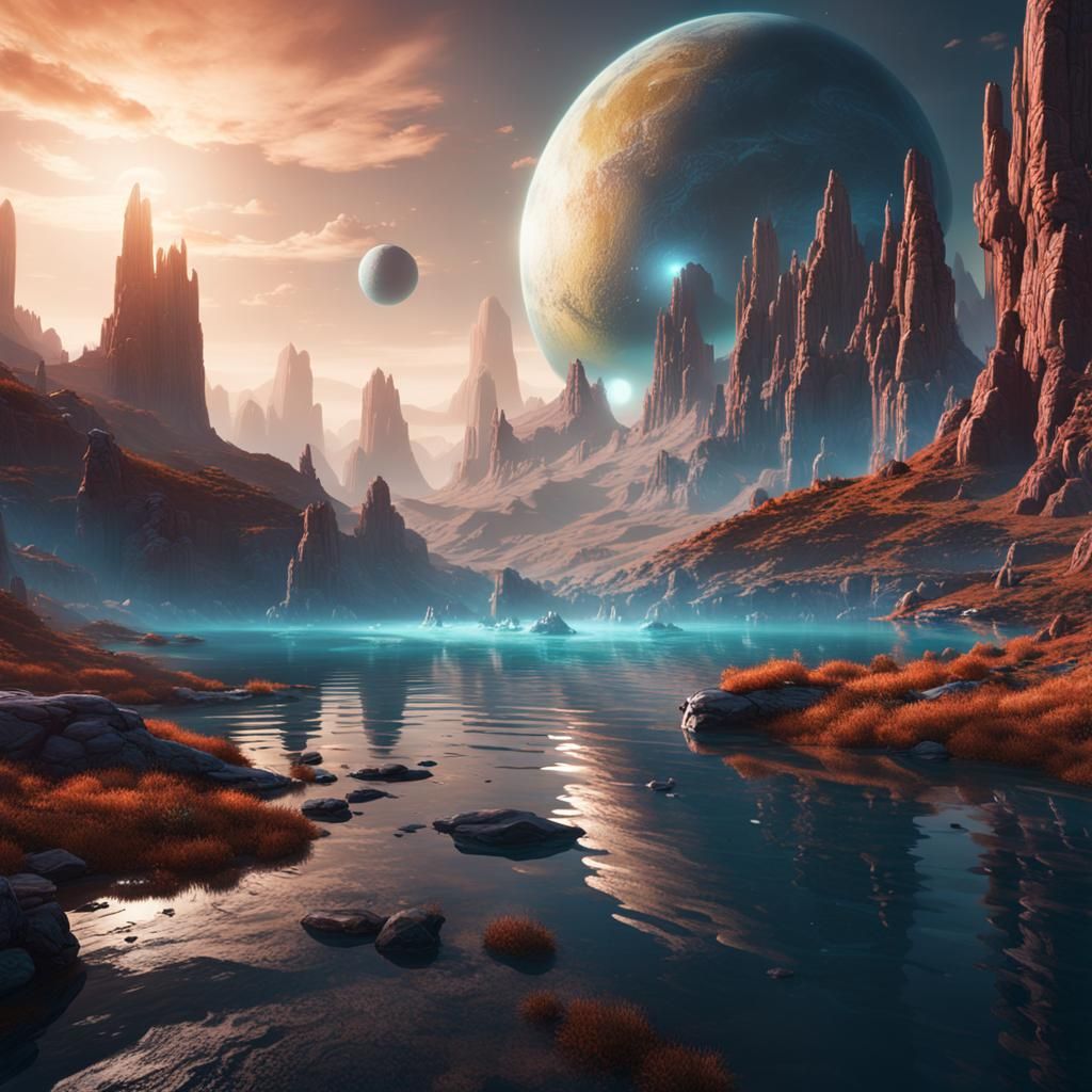 Sci-fi Water Planet in Detailed Matte Painting Style