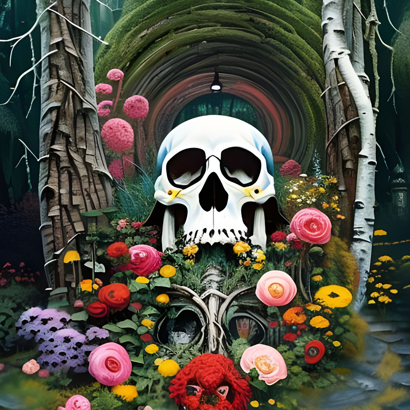 Whimsical Skull with Flowers in Fantasy Underworld