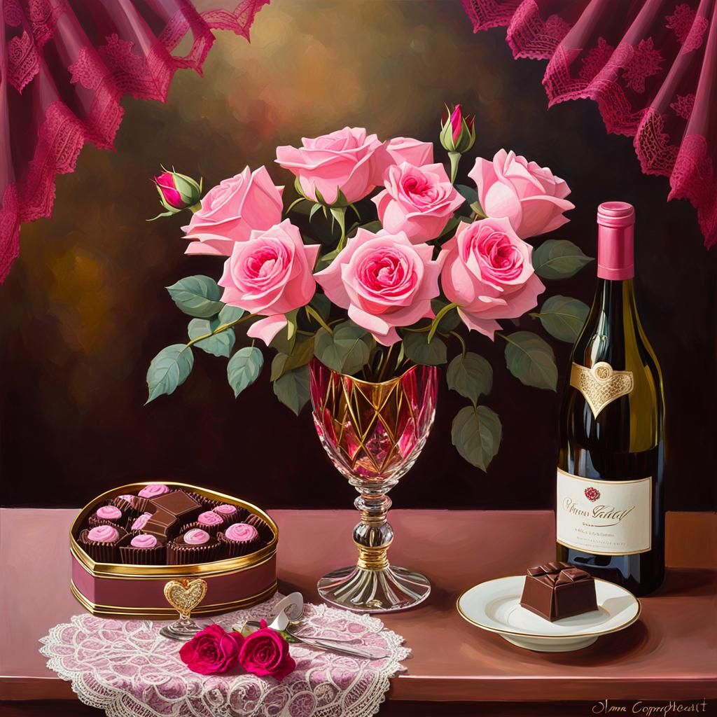 Romantic Still Life: Chocolates, Rose, and Wine