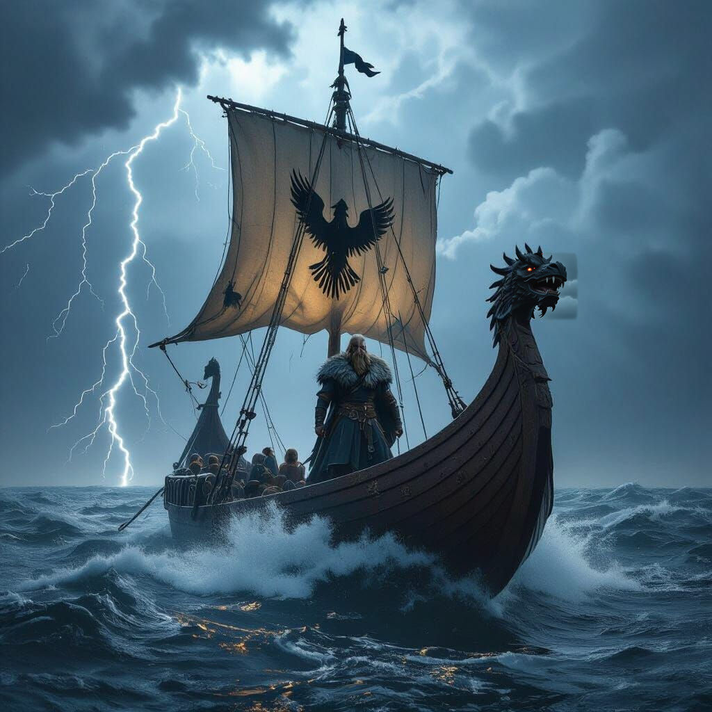 Viking Longship on Stormy Sea, Dramatic Lighting