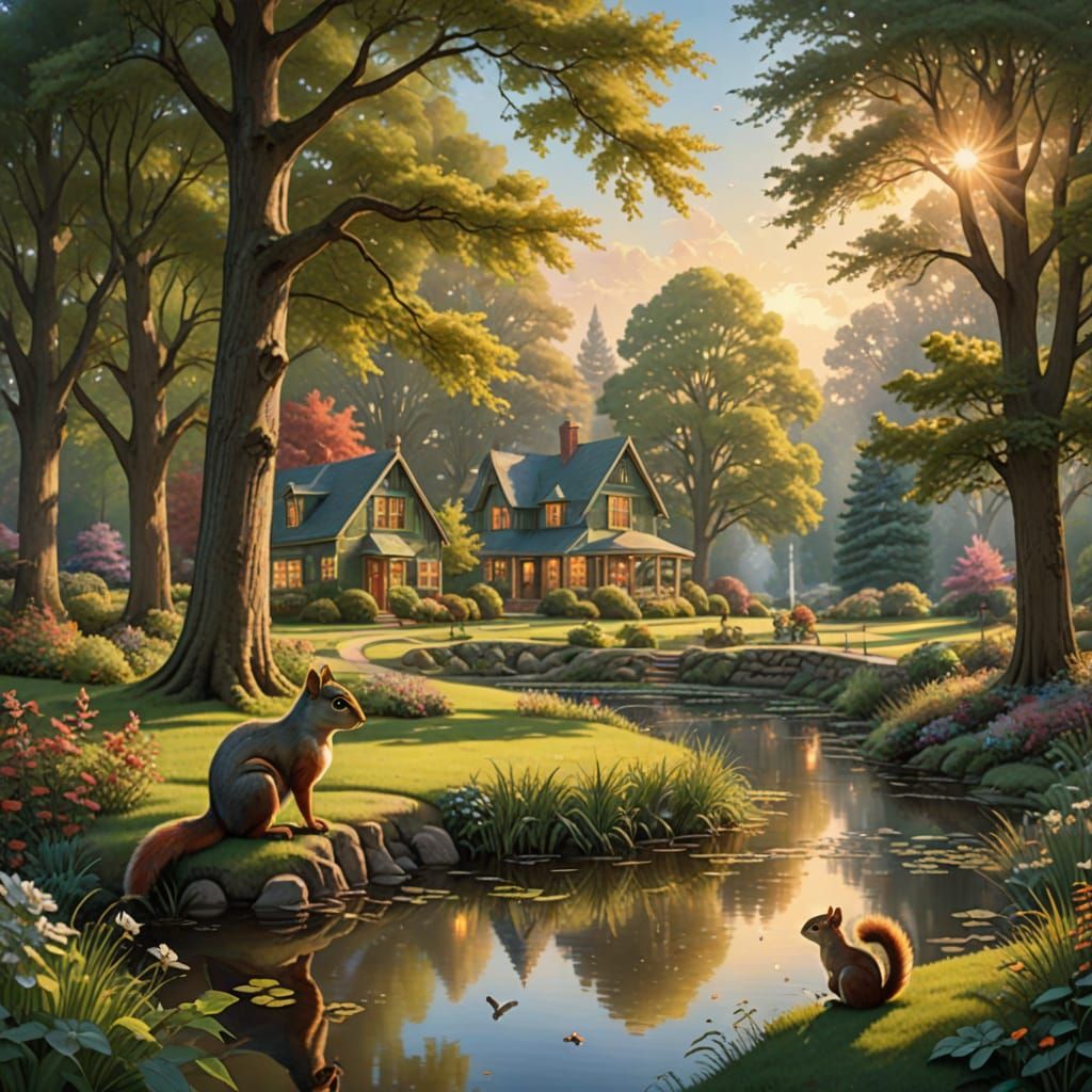 Peaceful Park Scene with Squirrels and Heron in Golden Hour ...