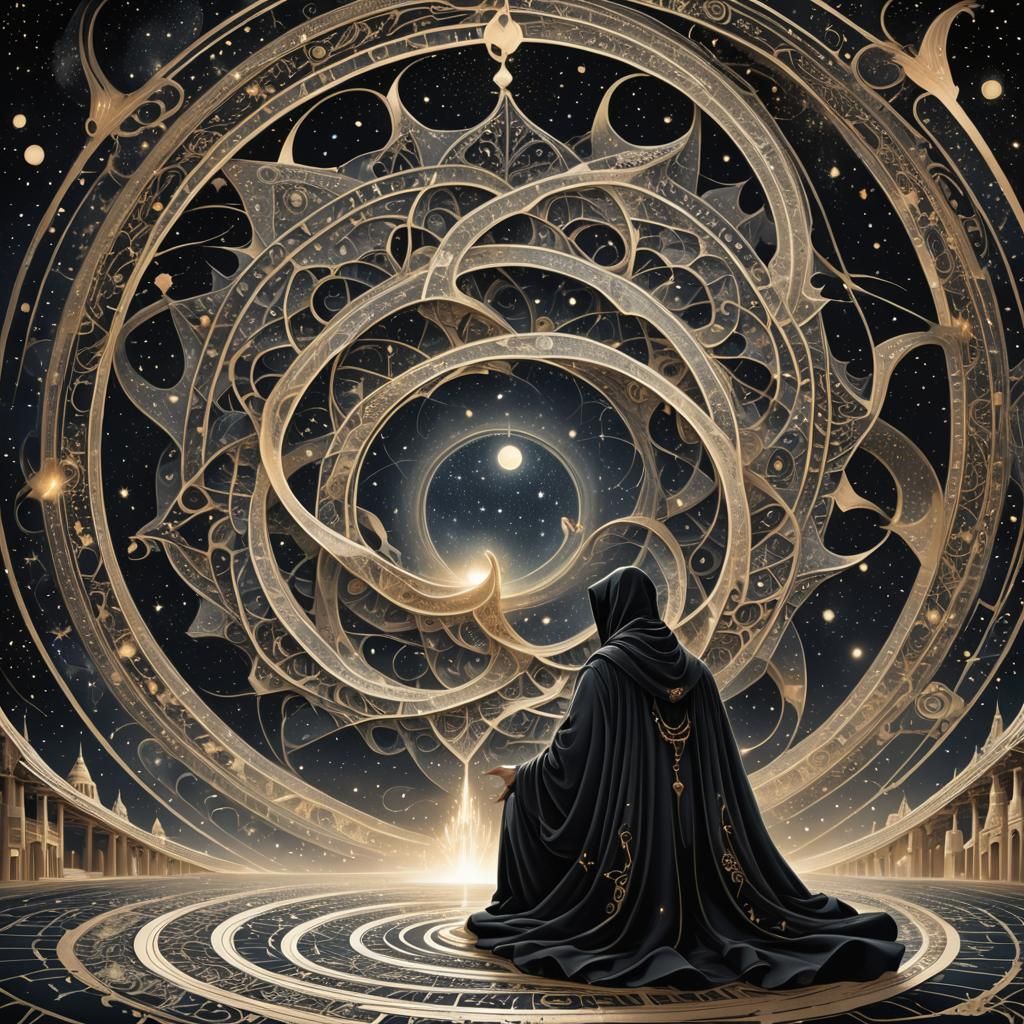 Mystical Figure Kneeling Before Temple: Abstract Vector Frac...