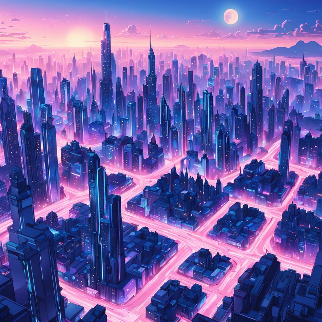 Breathtaking Pastel Anime Cityscape Under Crescent Moon