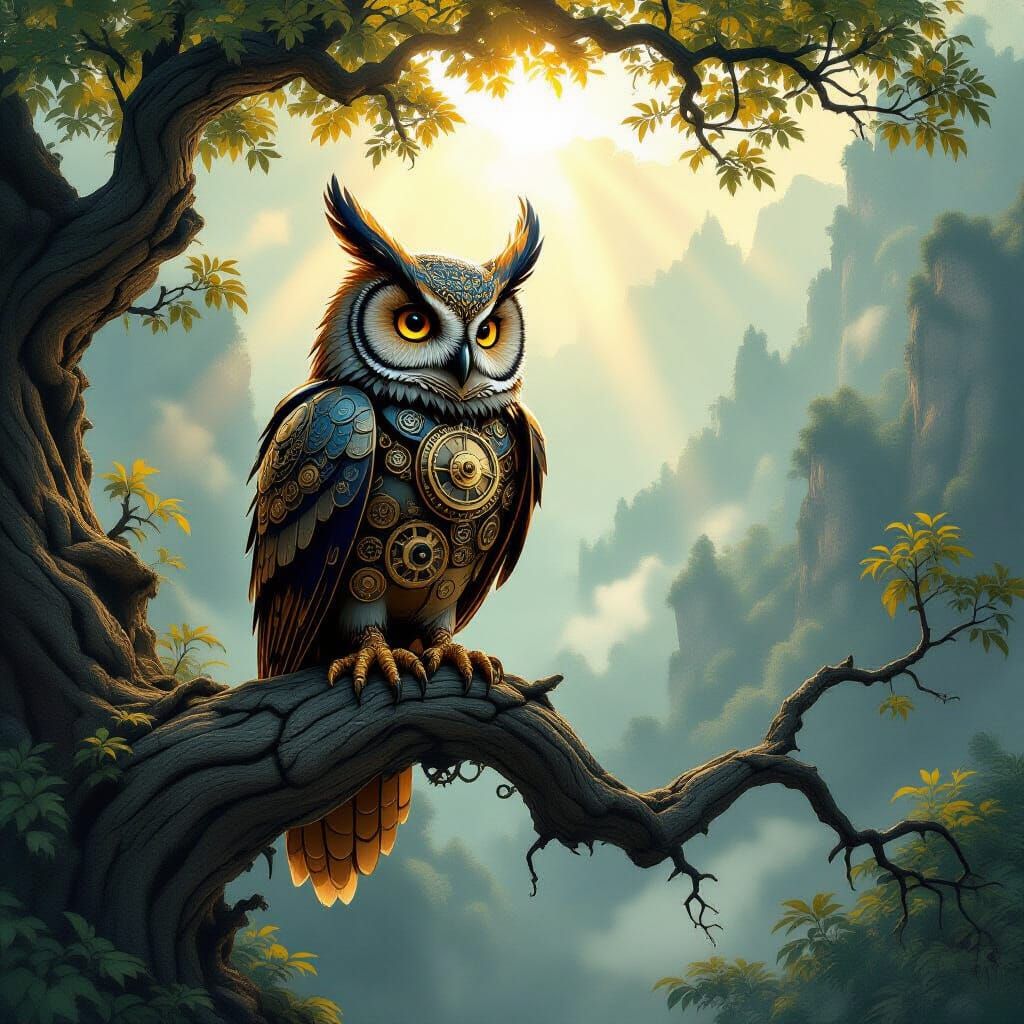 Mechanical Owl on Ancient Branch in Misty Valley