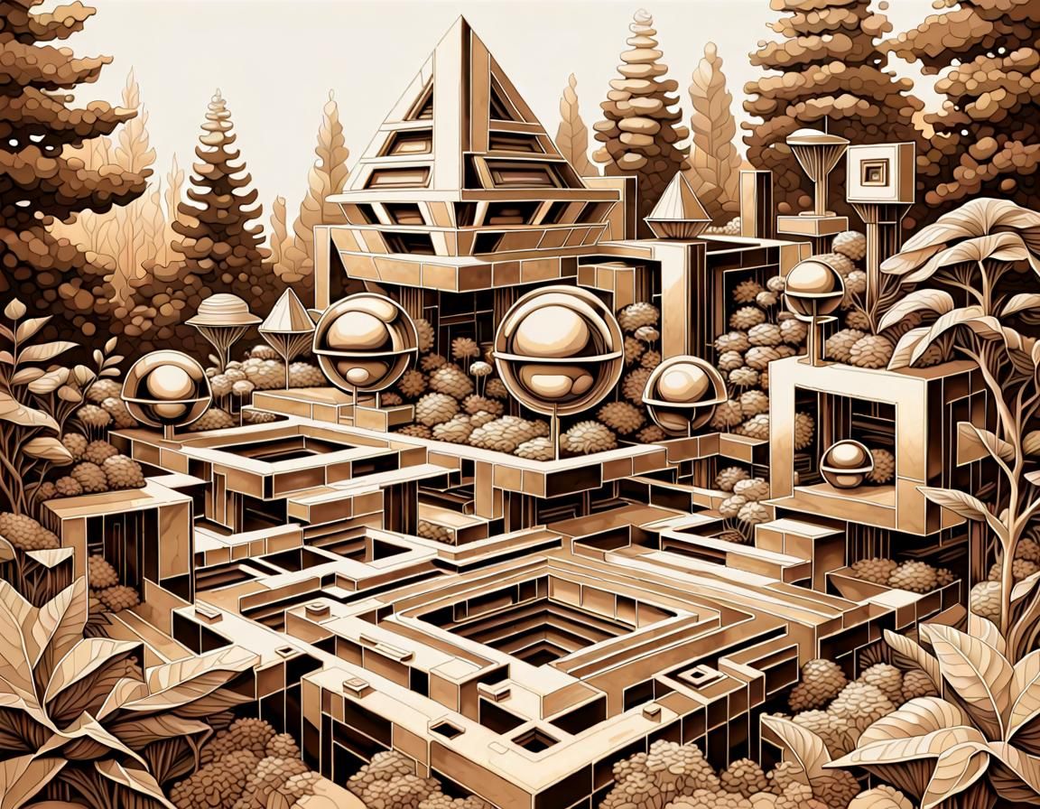 Sepia Futurism: Quiet Garden in Gouache