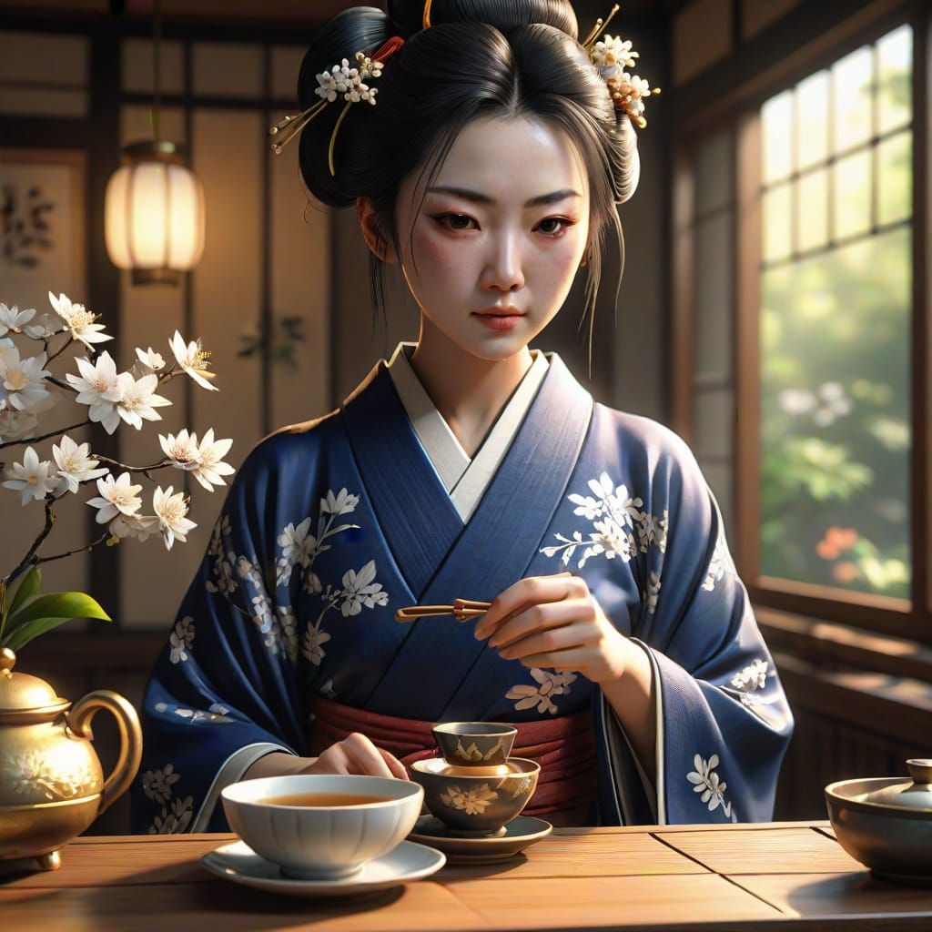 Hyper-Realistic Geisha in Navy Kimono Prepares Tea in Warm T...