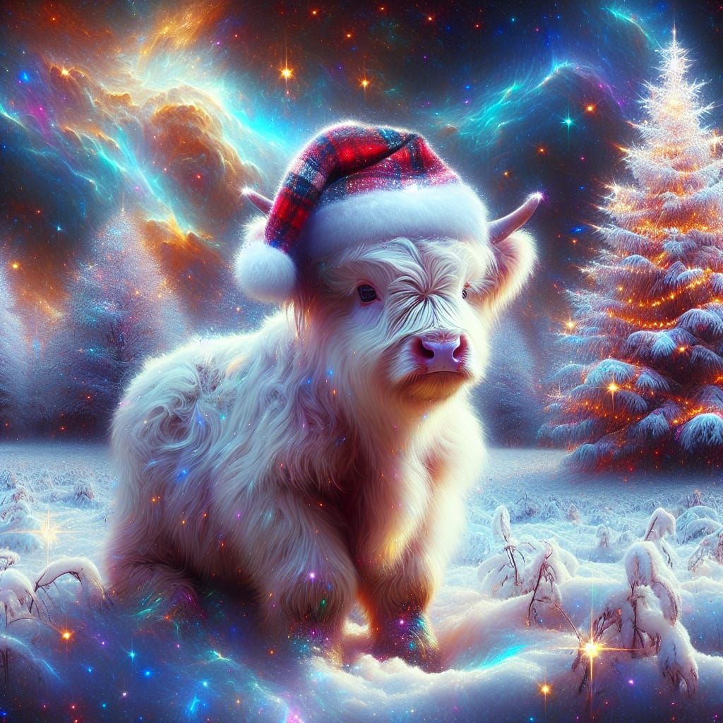 Majestic Highland Cow Dazzles in Iridescent Snowy Wonderland