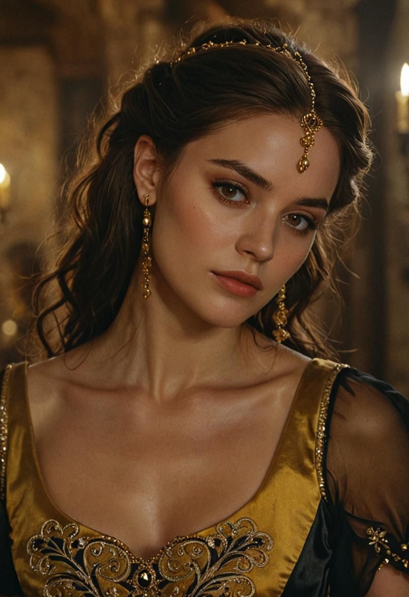 Medieval Lady in Luxurious Hall, Photorealistic Image