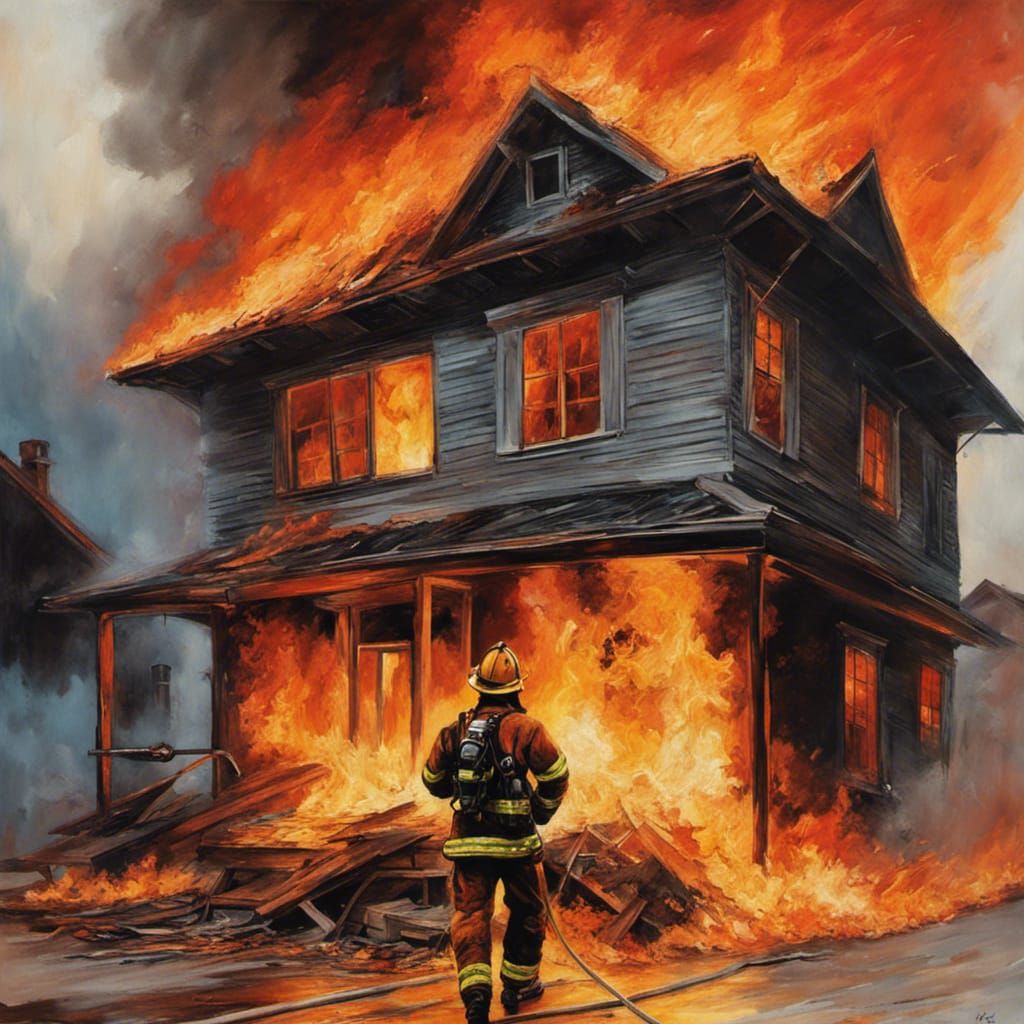 Firefighter next to a burning house