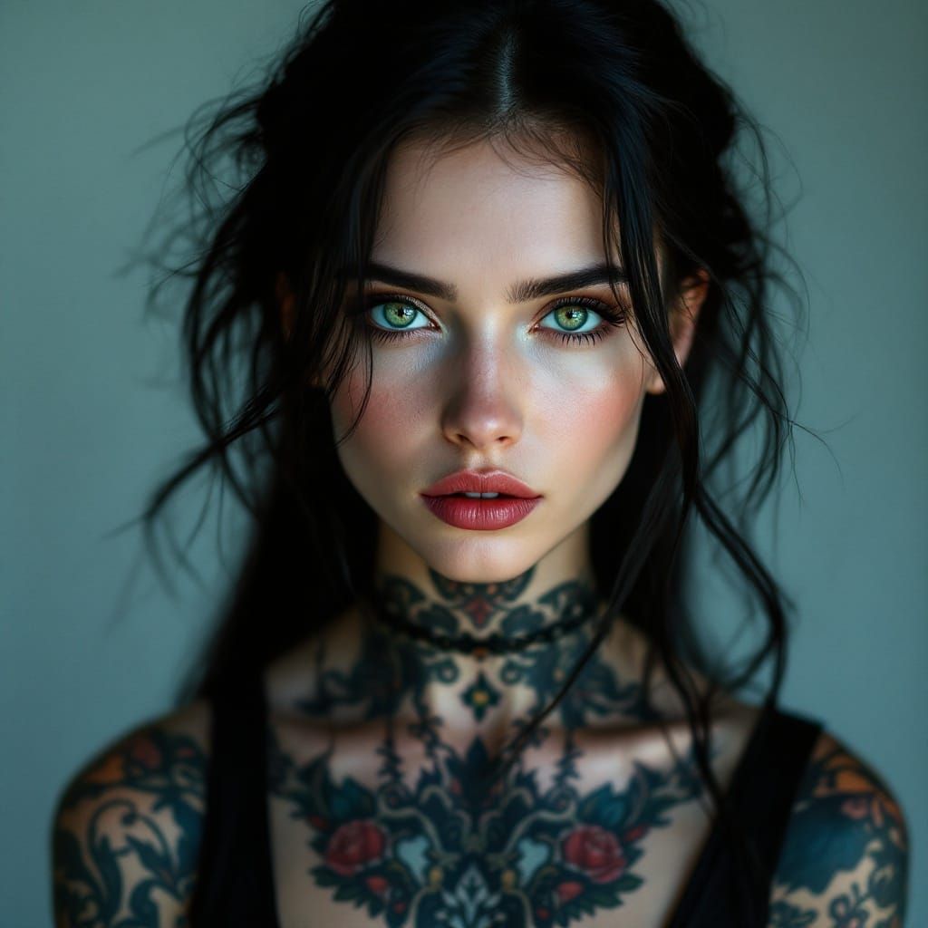 Elegant Woman with Tattoos in Cinematic Film Still