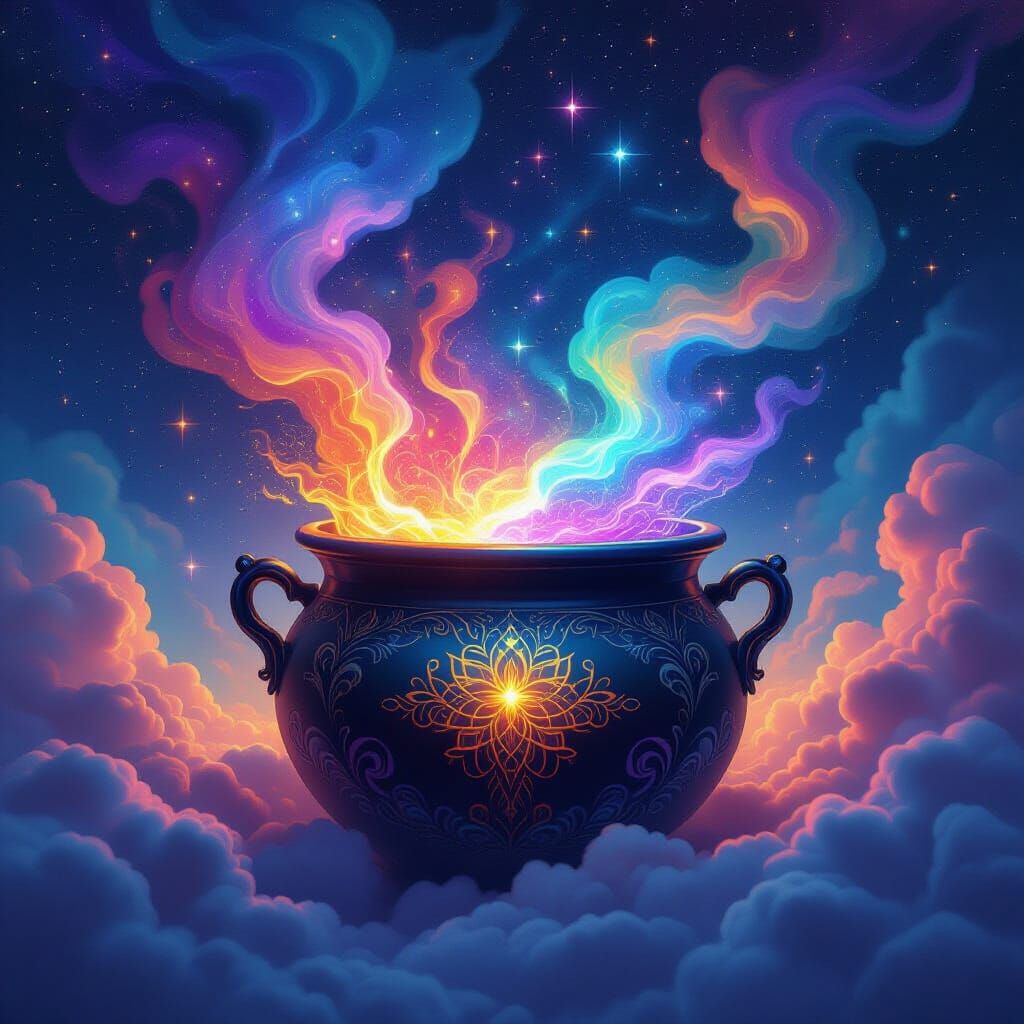 Magic Cauldron Overflowing with Cosmic Elements, Psychedelic...