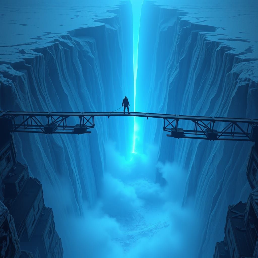 Traveler Crossing Glacier Fissure in Dark Fantasy Style