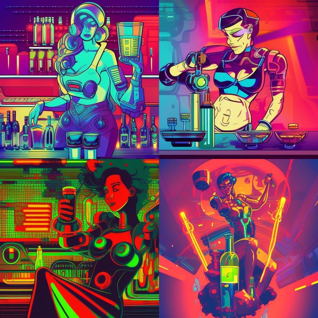 Cyborg Bartender in Retro Sci-Fi Digital Art