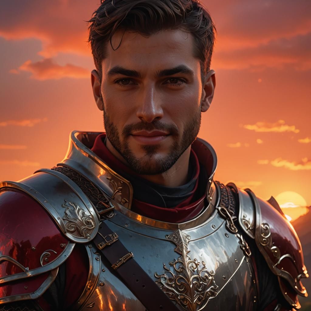 Red Armored Knight Portrait at Sunset, Digital Art