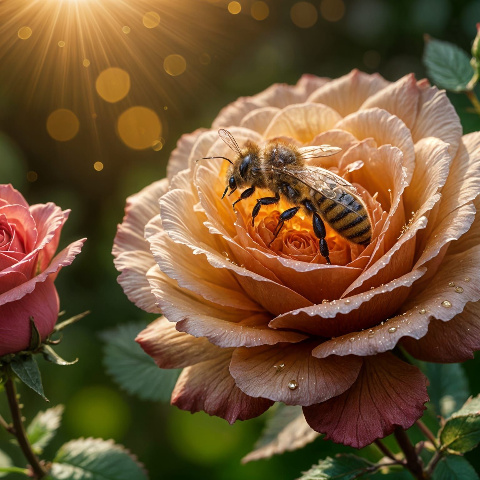 Realistic Honey Bee Extracts Pollen from Red Rose in Morning...