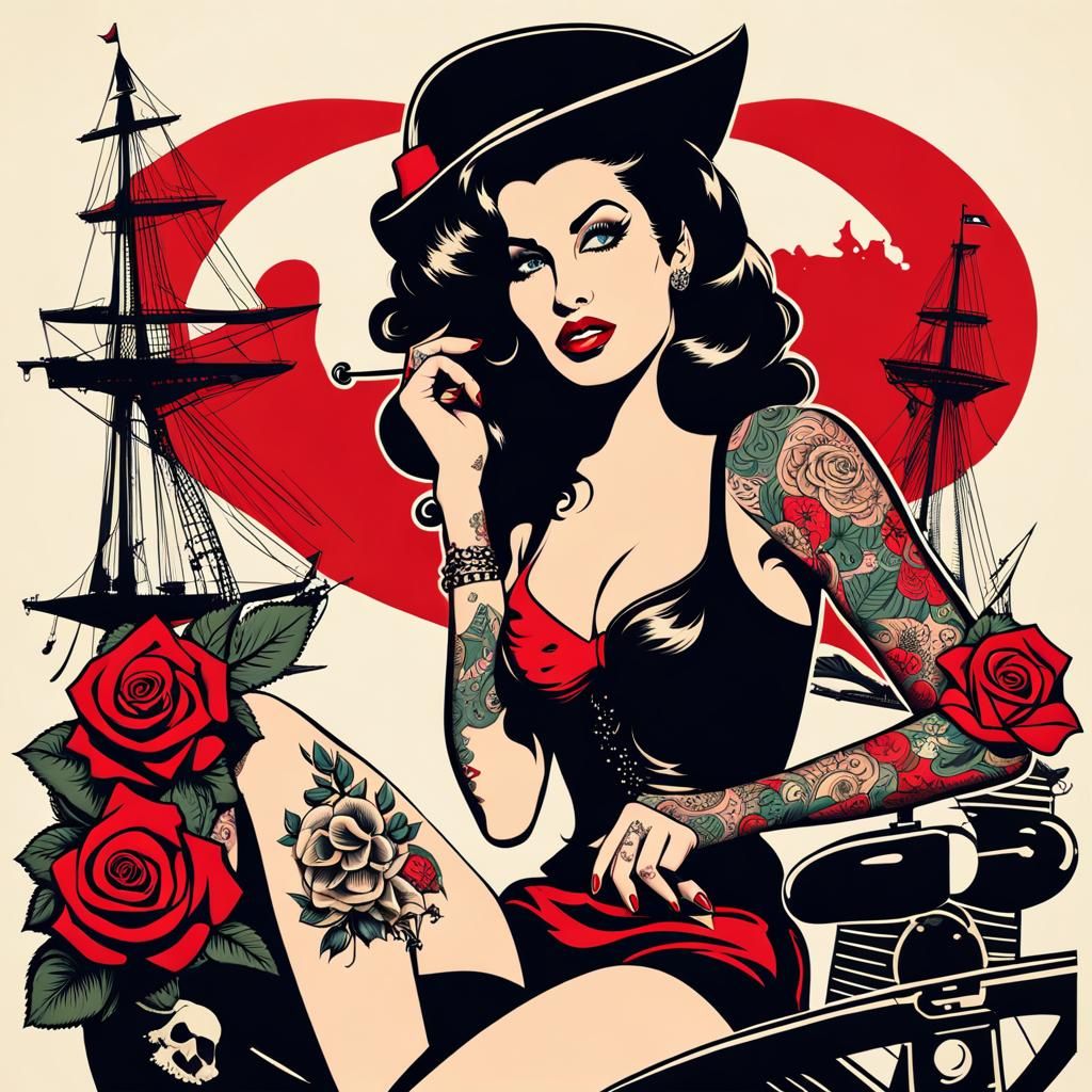 Rockabilly Tattoo Woman in Pop Art Style