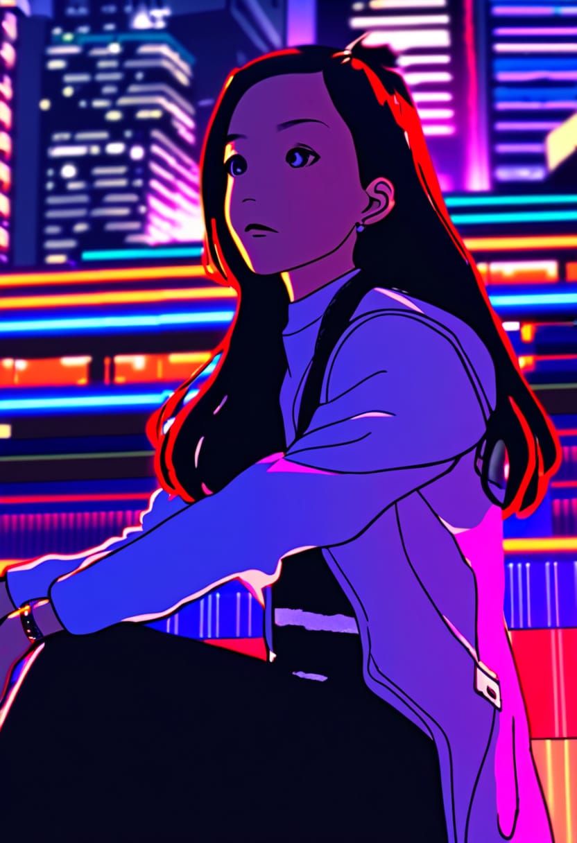 Vibrant Cityscape in Anime Style with Neon Lights