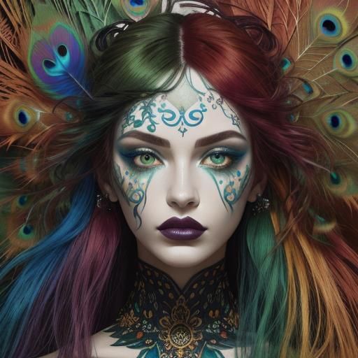 Abstract Expressionist Portrait with Peacock Feathers