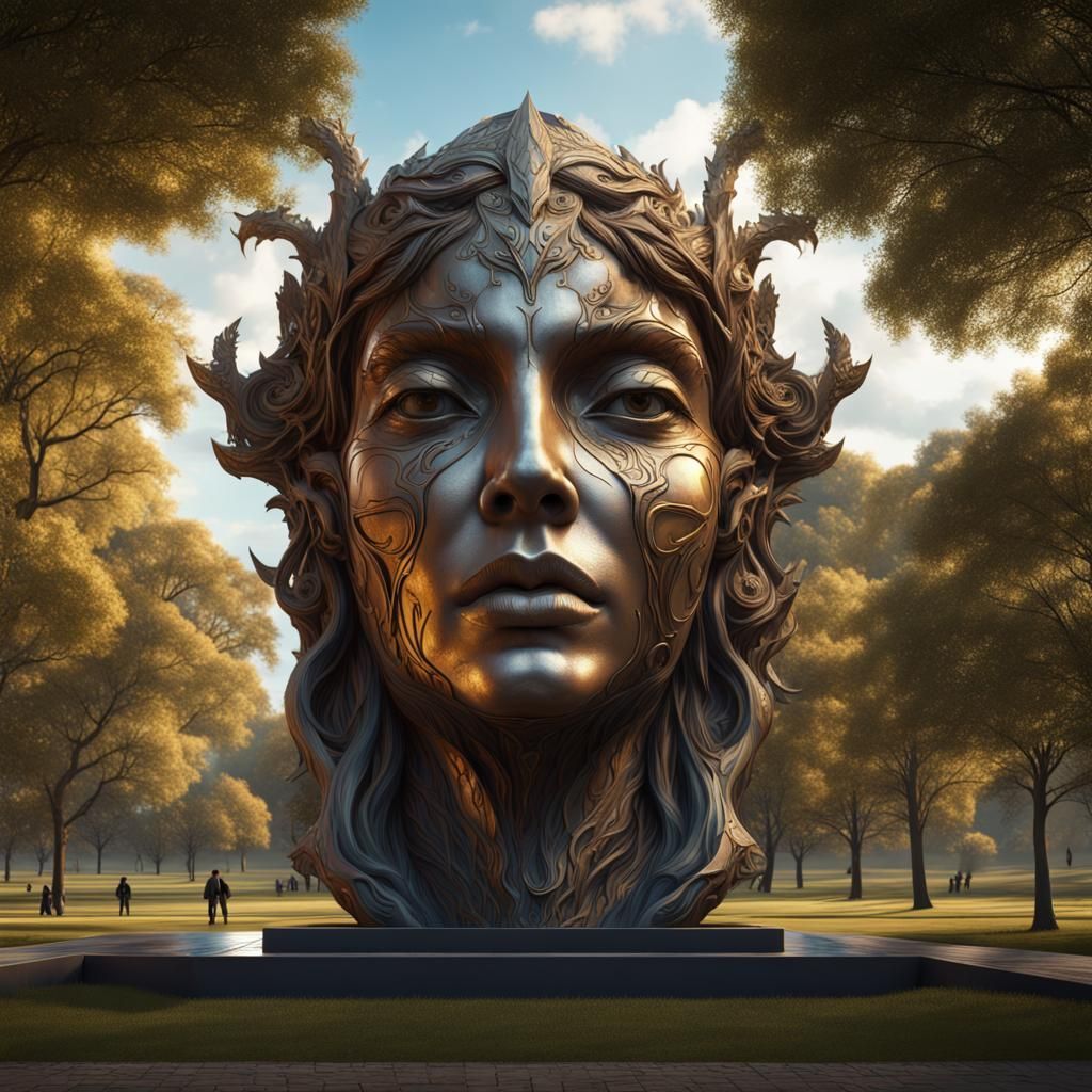 Gigantic Metallic Face Statue in Park