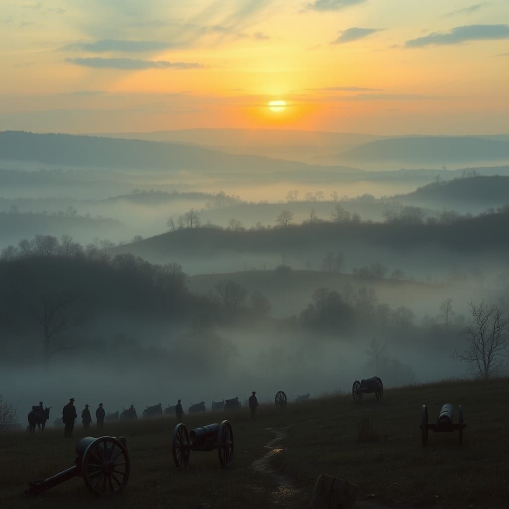 Eerie Gettysburg Battlefield at Dawn in 19th Century Style