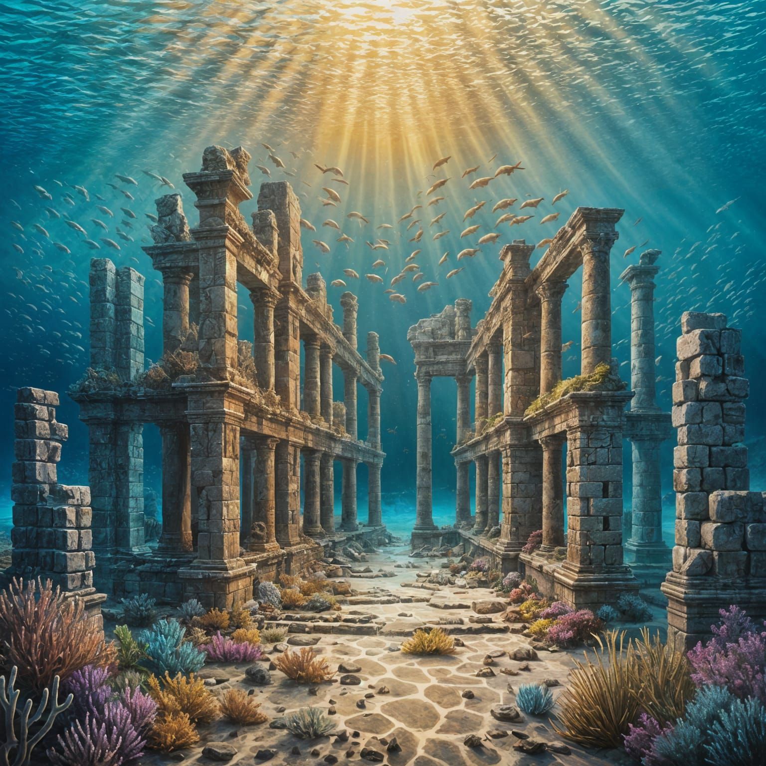 Ancient Atlantis Ruins Unveiled in Oil Painting Splendor