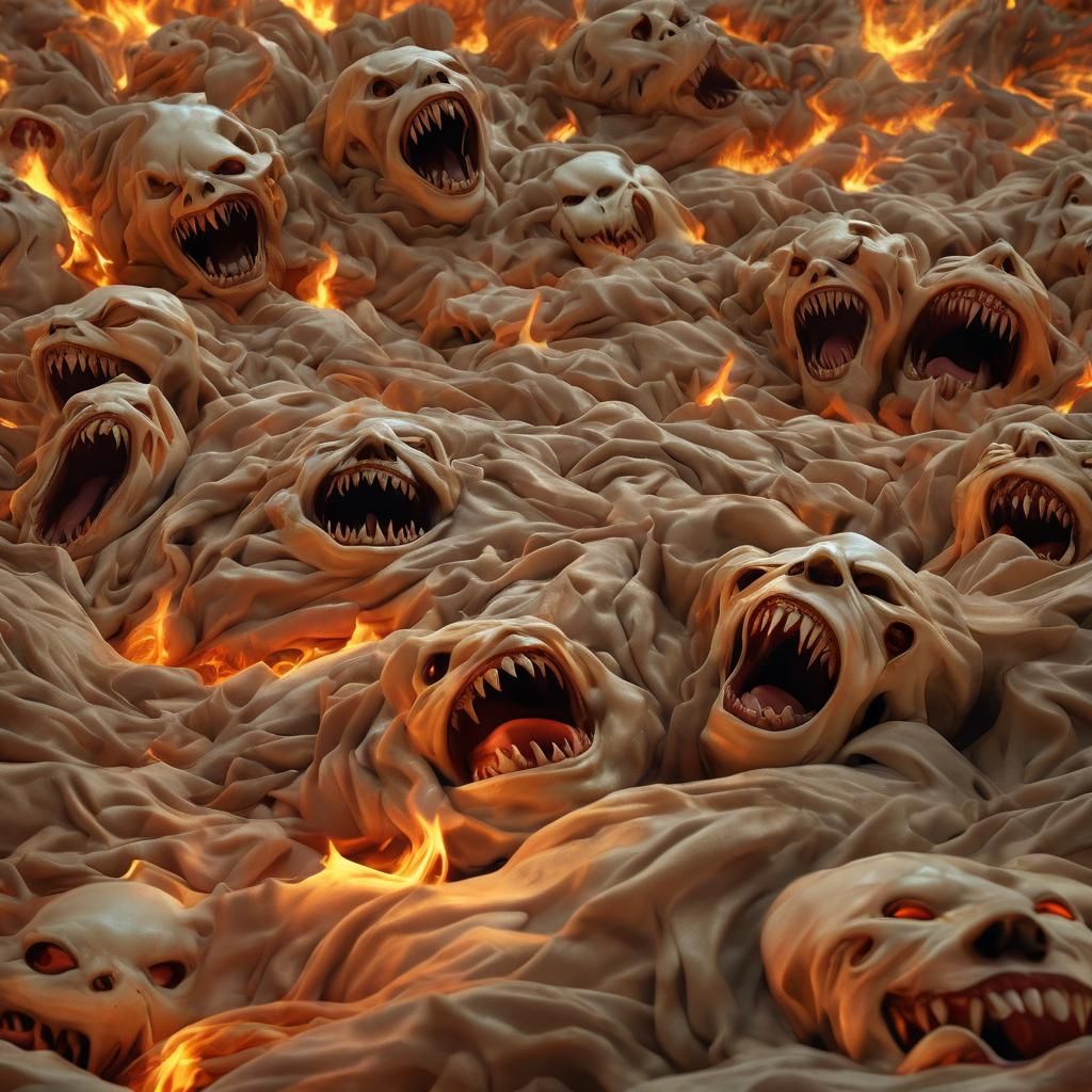 The hyperrealistic bed engulfed in flames, with large ghostl...