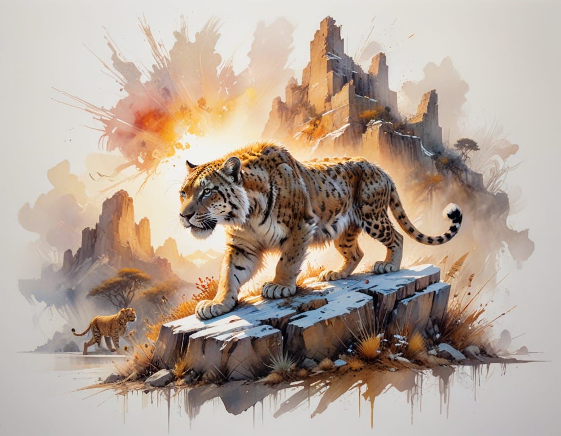 Big Cat Evolution Panorama in Neo-Impressionist Style