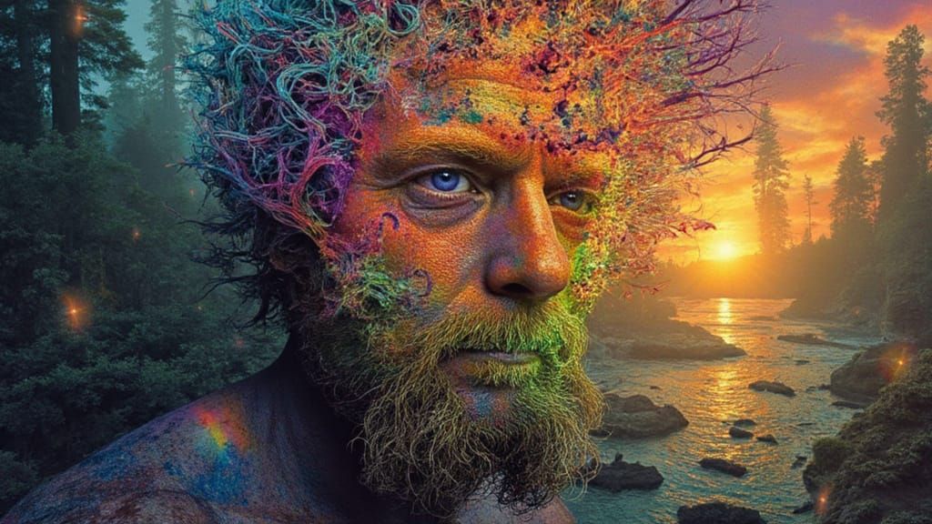 Fractal Faced Man with Rainbow Moss and Roots