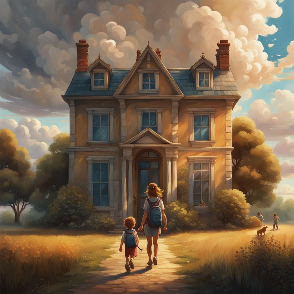 Hyperrealistic Country House Departure Under Dramatic Sky