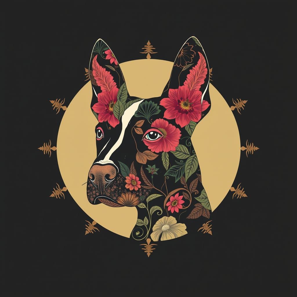 Surreal Bull Terrier Portrait in Art Nouveau Floral Style