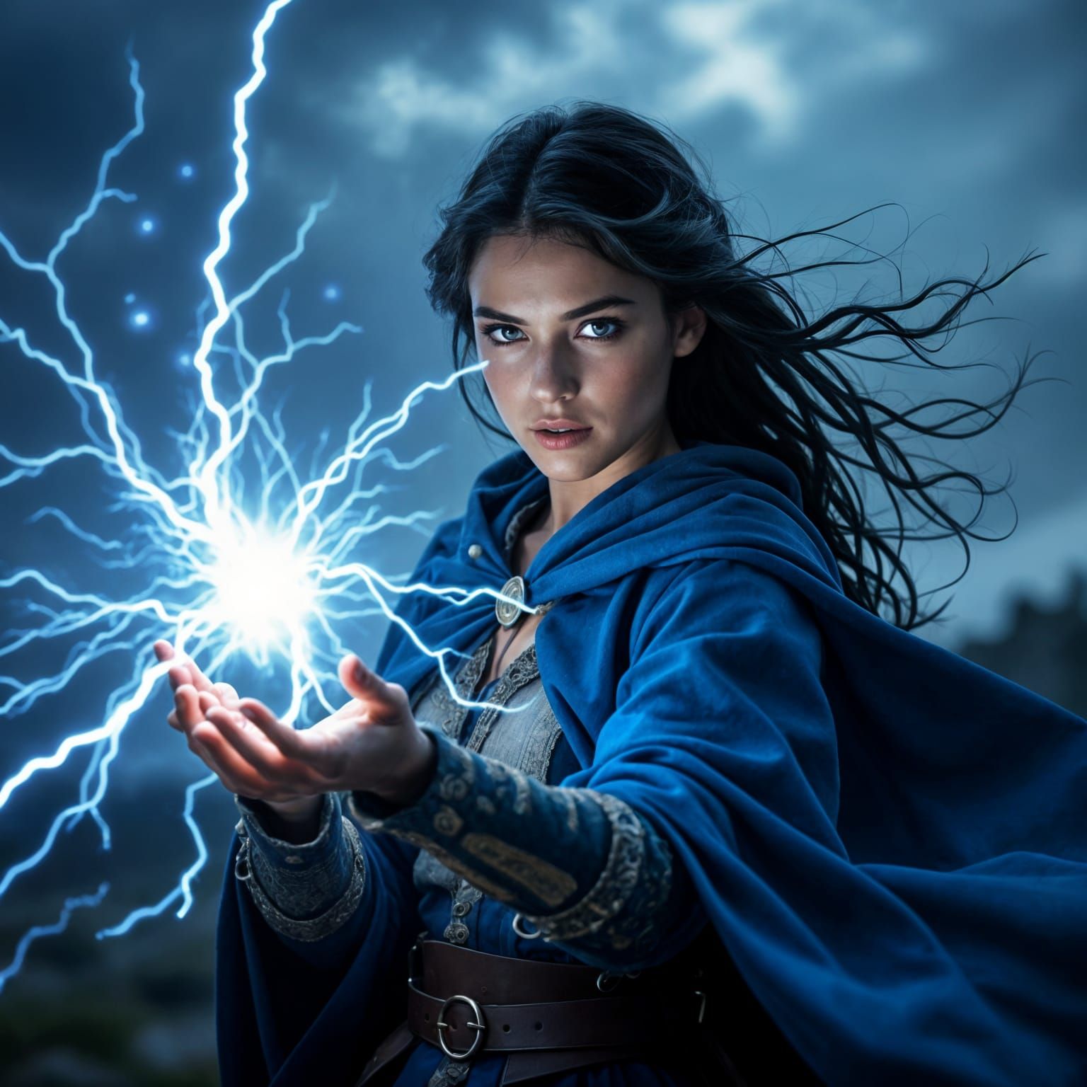 Woman Controls Lightning Vortex: Hyperrealistic Image