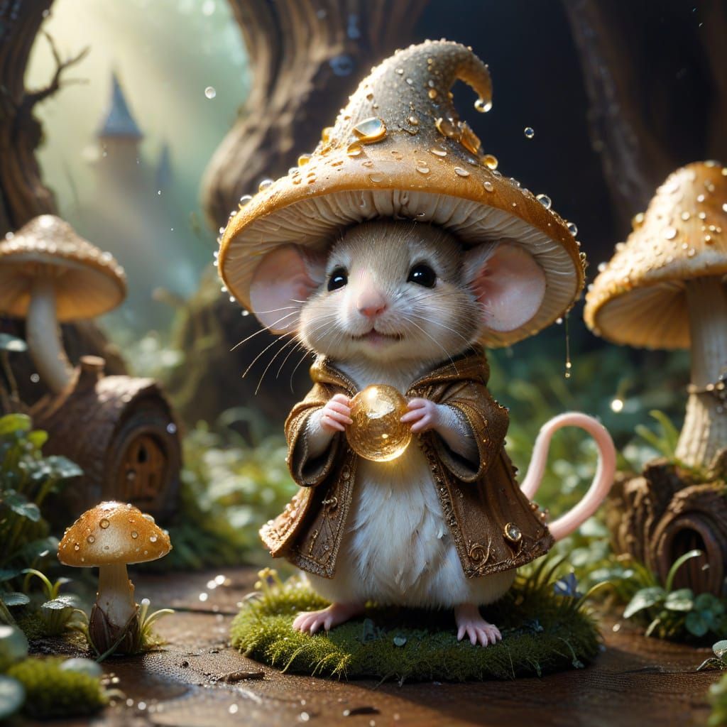 Chibi Wizard Mouse in Mushroom House: Fairytale Macro Photo