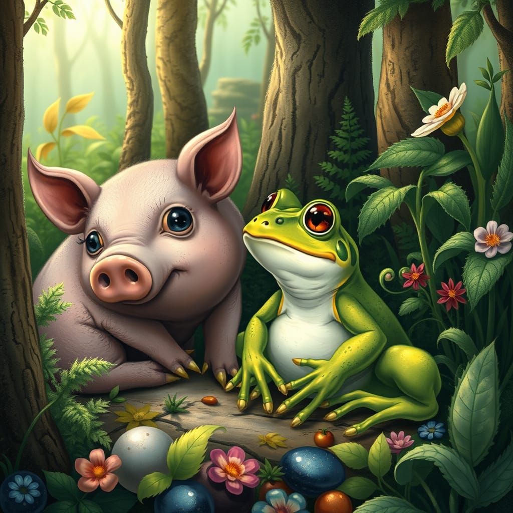 Frog and Pig in Forest, Beatrix Potter Style