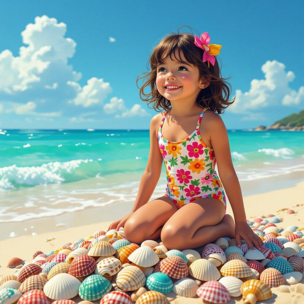 Girl with Shells on Sunny Beach, Whimsical Art